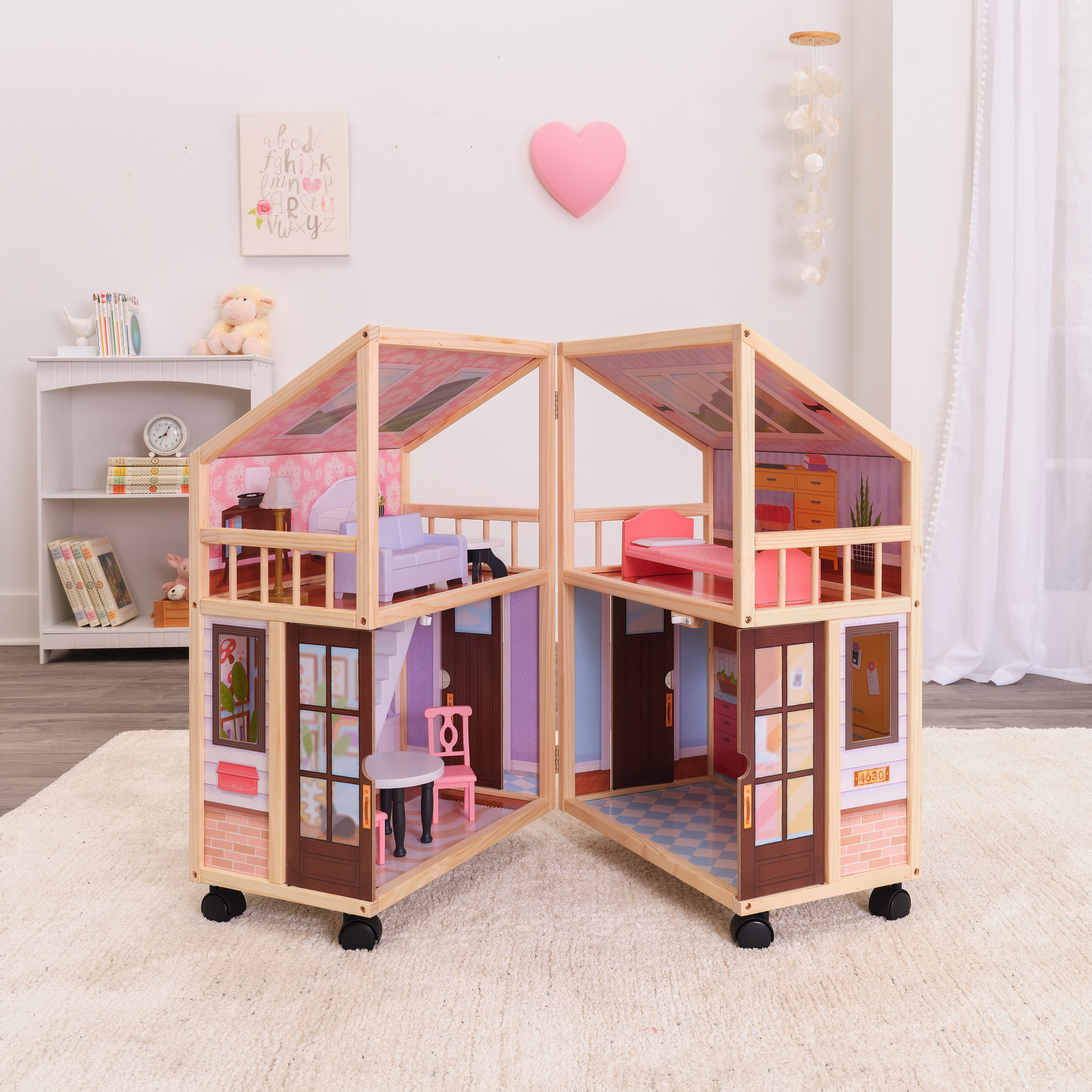 KidKraft So Darling Wooden Dollhouse On Wheels, Open & Close With